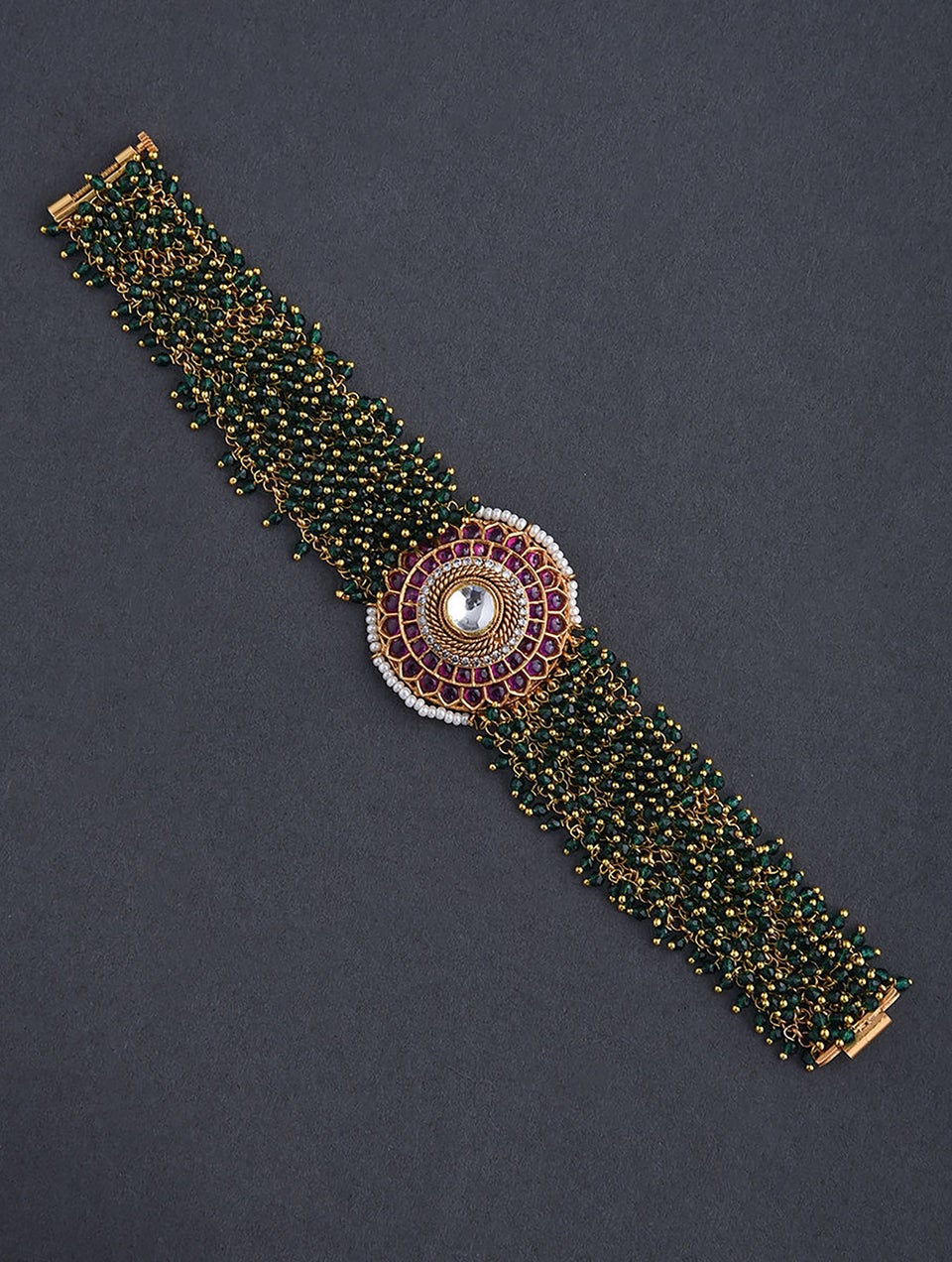 Women Pink Green Gold Tone Kundan Bracelet - 2/4
