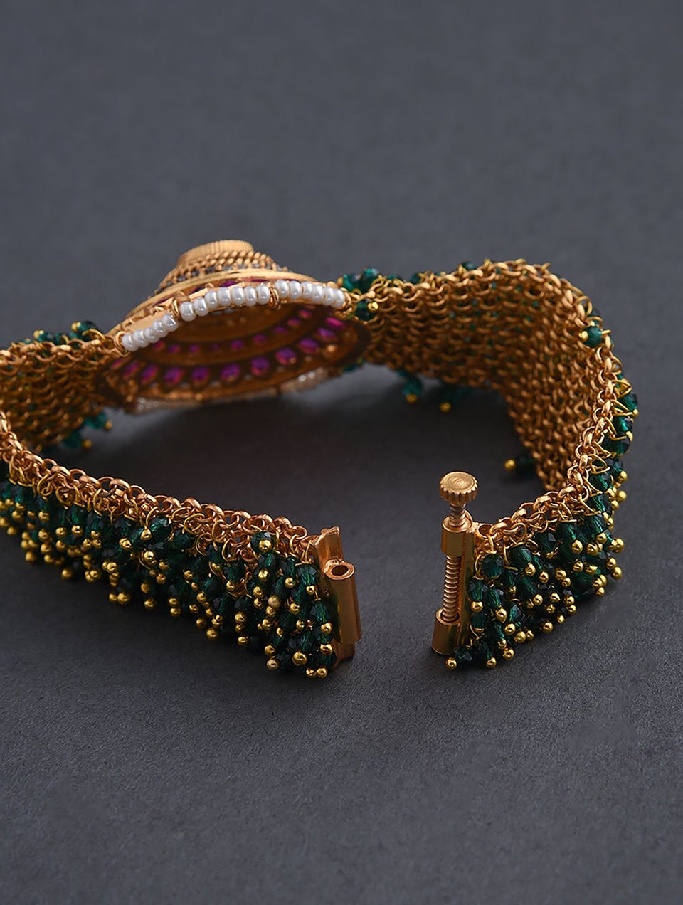 Women Pink Green Gold Tone Kundan Bracelet - 2/4