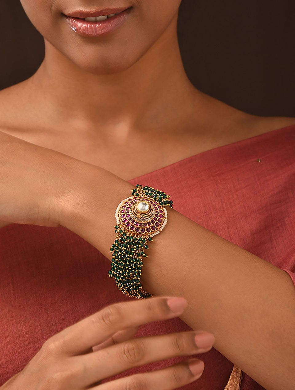 Women Pink Green Gold Tone Kundan Bracelet - 2/4 -