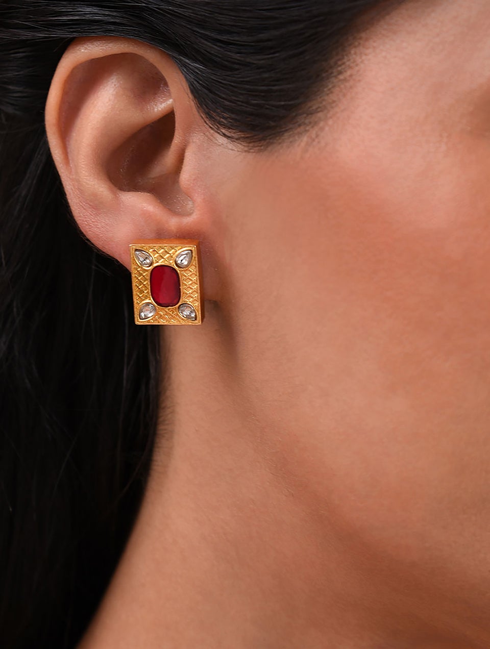 Women Pink Kempstone Encrusted Gold Tone Foiled Kundan Silver Earrings