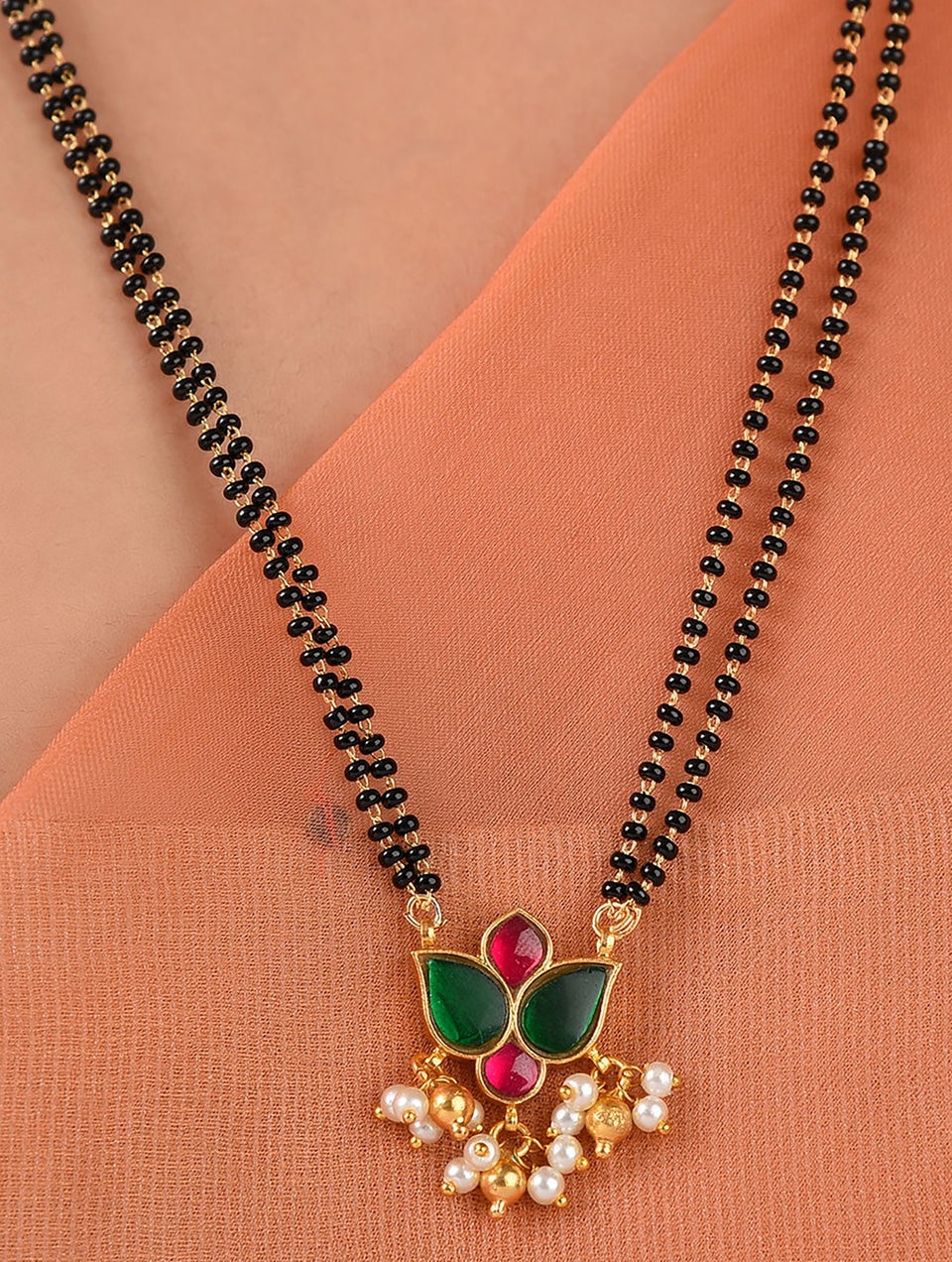 Women Pink Green Kempstone Encrusted Gold Tone Foiled Kundan Silver Mangalsutra Necklace