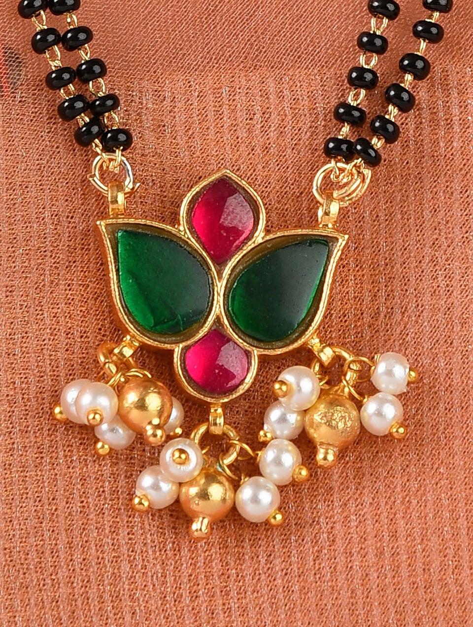 Women Pink Green Kempstone Encrusted Gold Tone Foiled Kundan Silver Mangalsutra Necklace