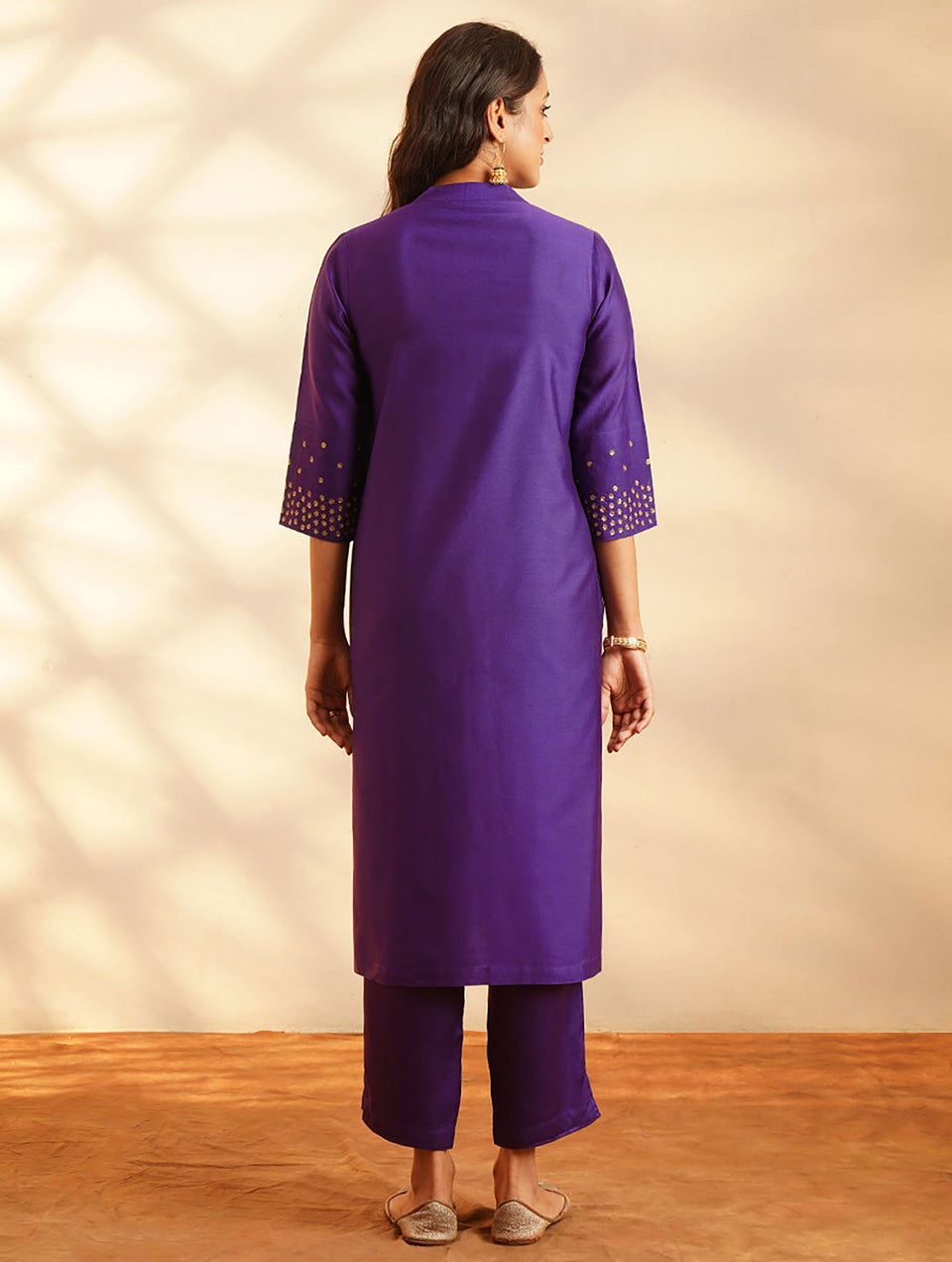 Women Purple Hand Embroidered Silk Cotton Kurta - XS