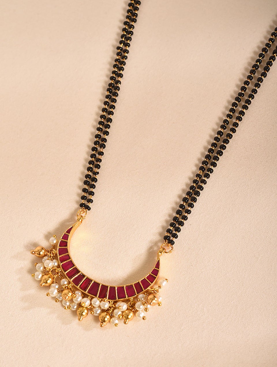 Women Pink Kempstone Encrusted Gold Tone Silver Mangalsutra Necklace