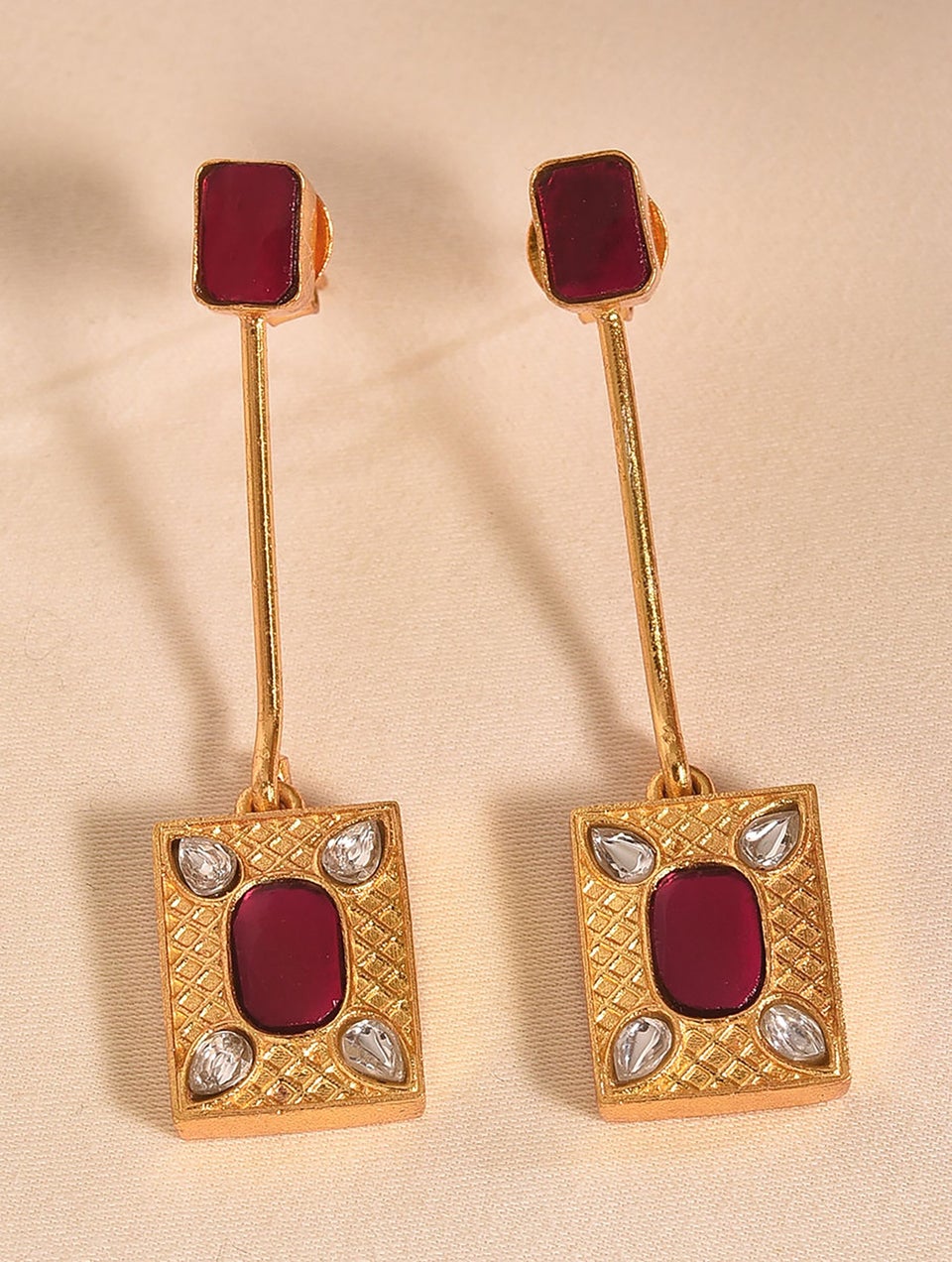 Women Pink Kempstone Encrusted Gold Tone Foiled Kundan Silver Earrings