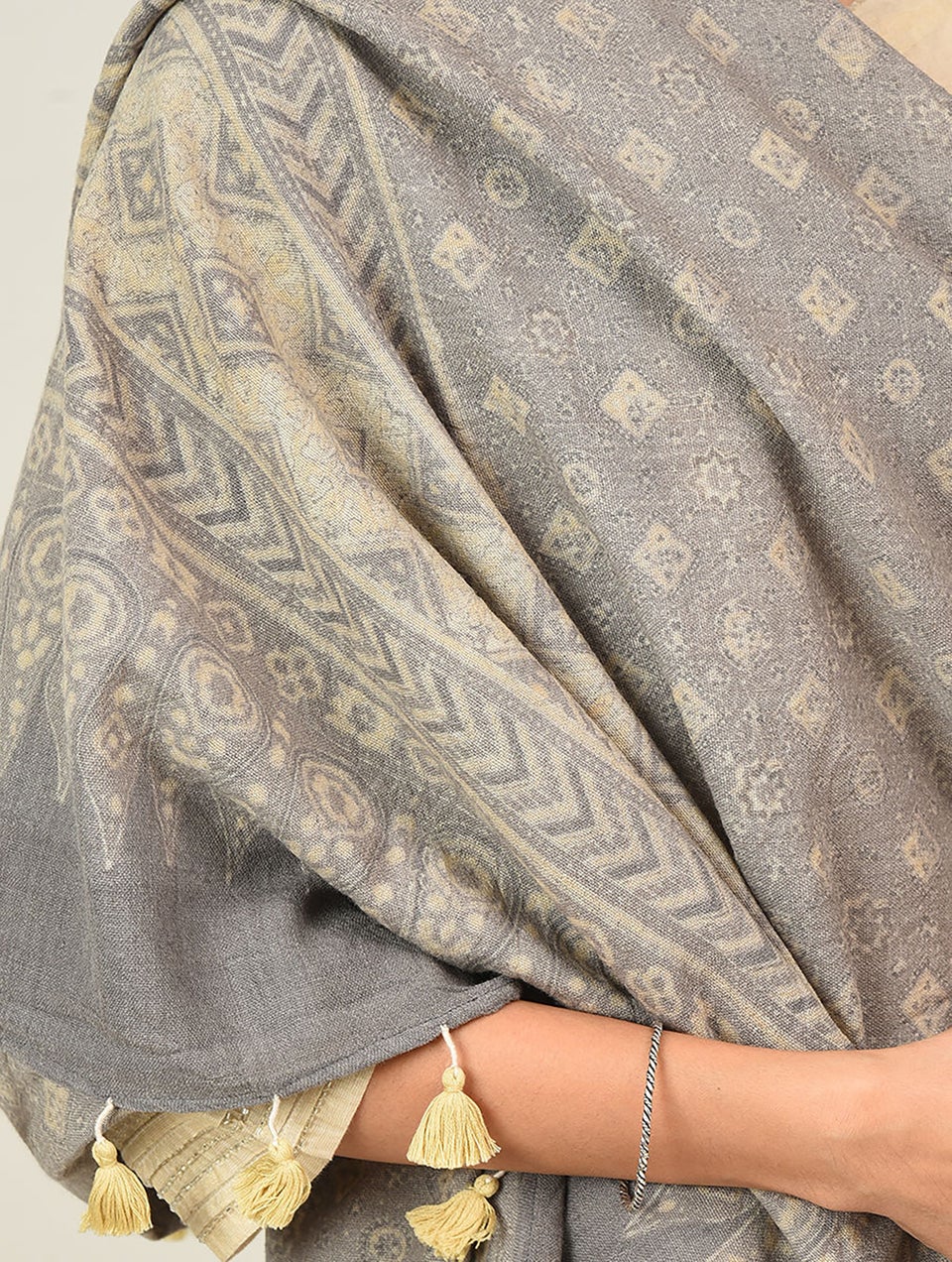 Women Beige Handwoven Ajrakh Wool Shawl