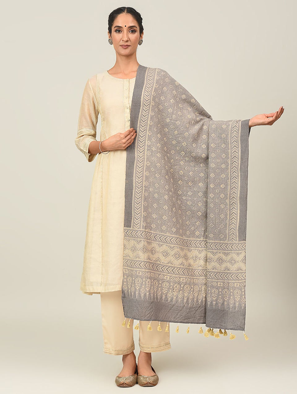 Women Beige Handwoven Ajrakh Wool Shawl