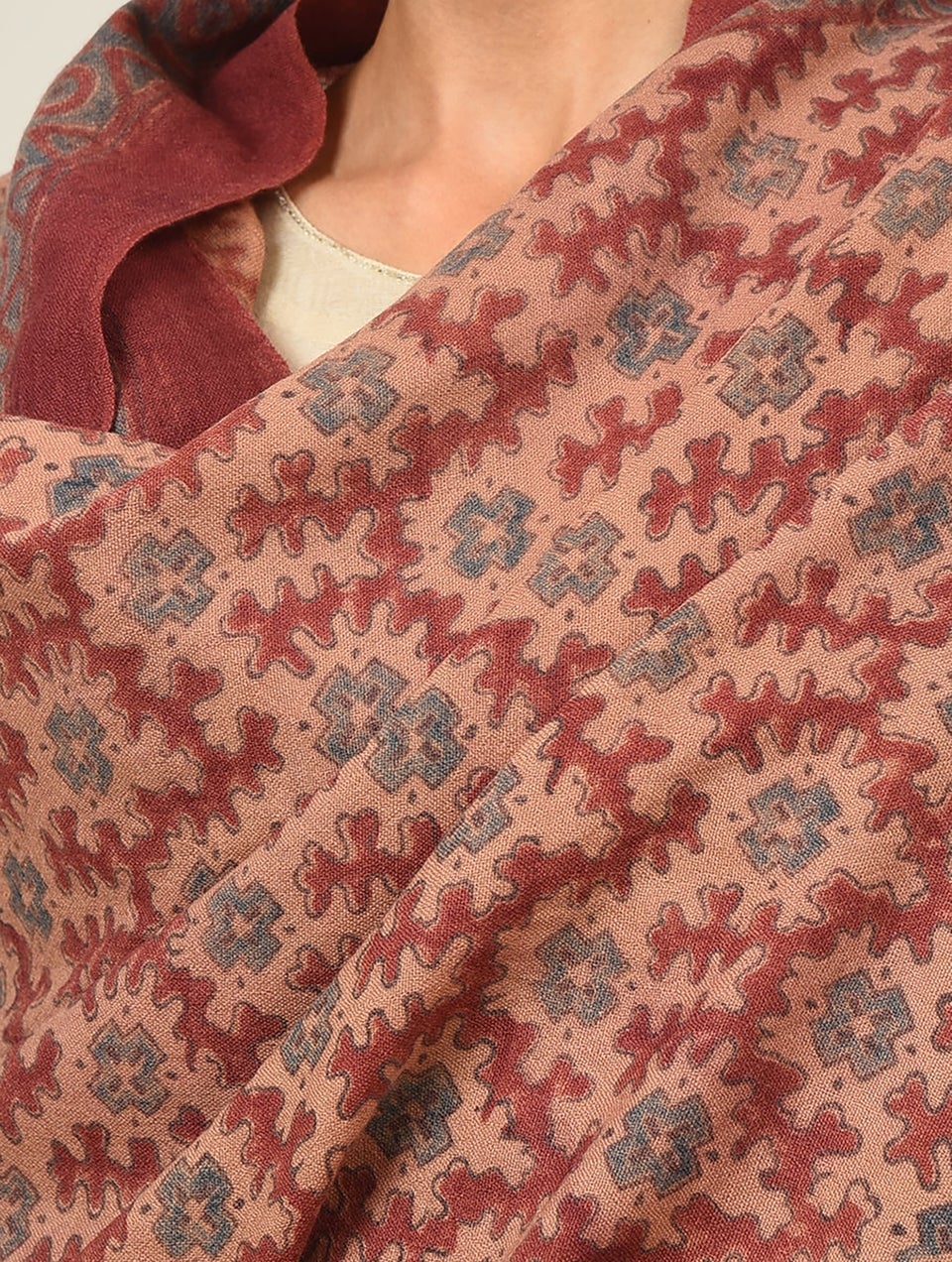 Women Pink Handwoven Ajrakh Wool Shawl