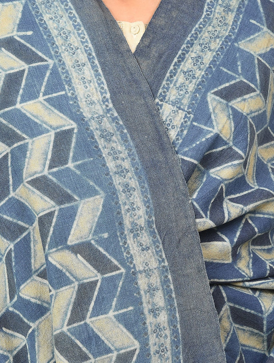 Women Blue Handwoven Ajrakh Wool Shawl