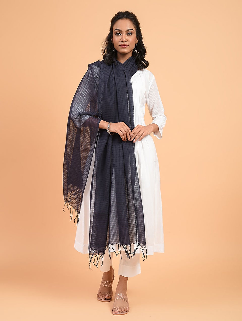 Indigo Handwoven Missing Check Cotton Dupatta
