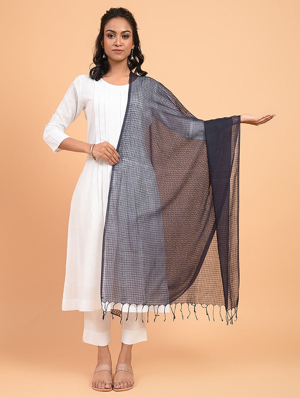 Indigo Handwoven Missing Check Cotton Dupatta