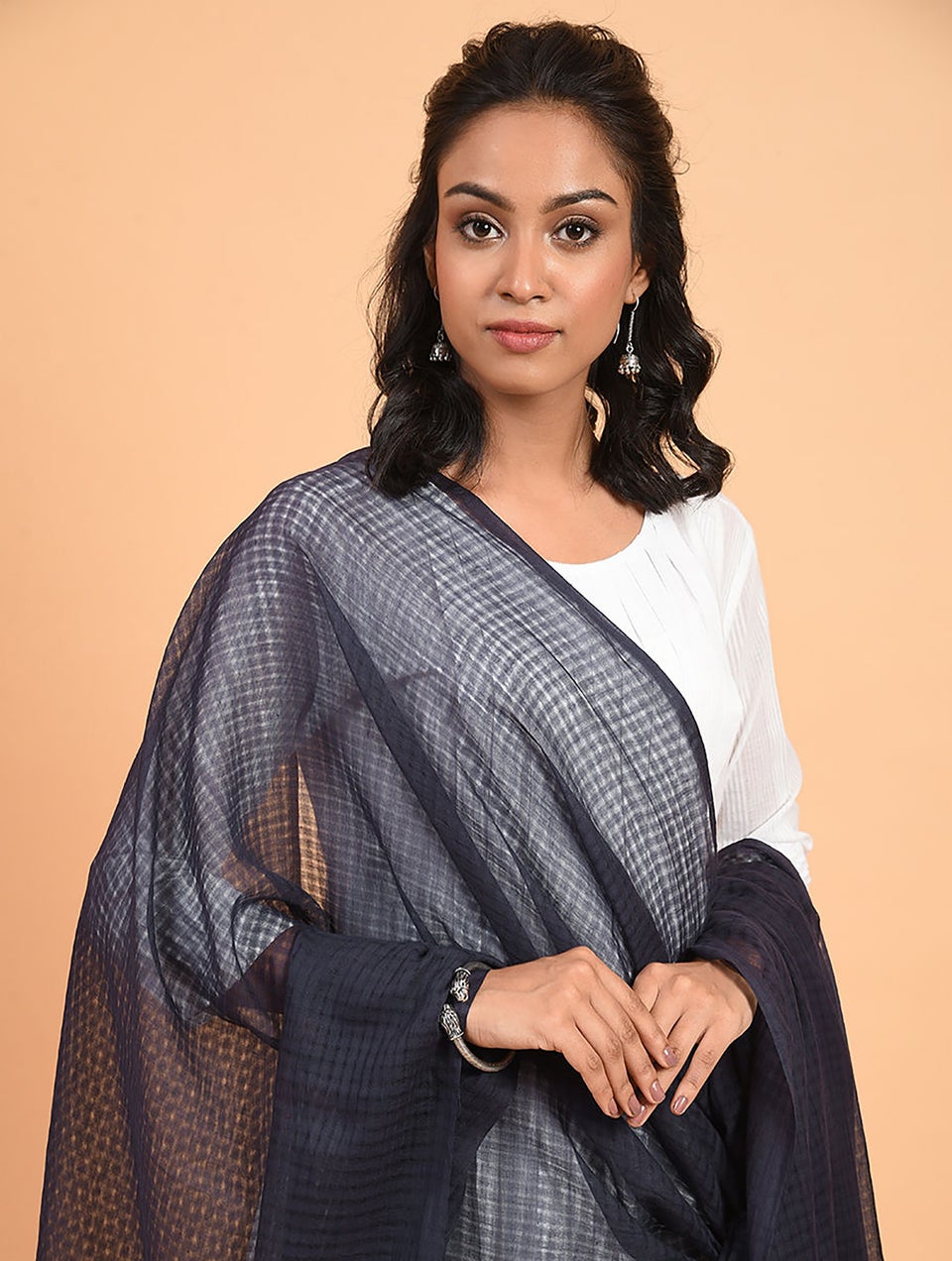 Indigo Handwoven Missing Check Cotton Dupatta