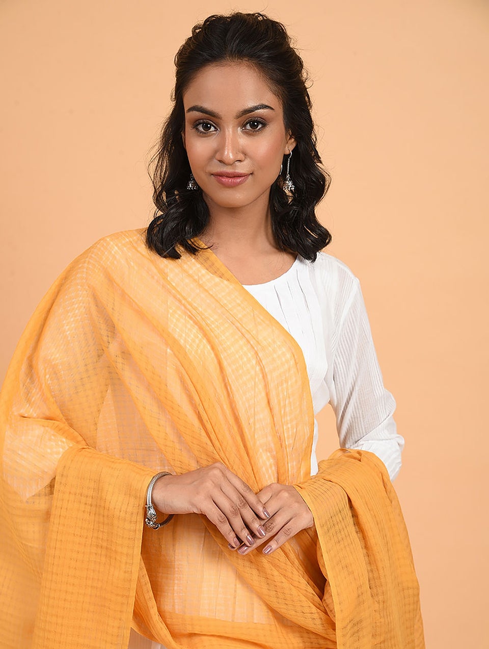 Women Orange Cotton Hand Woven Dupatta