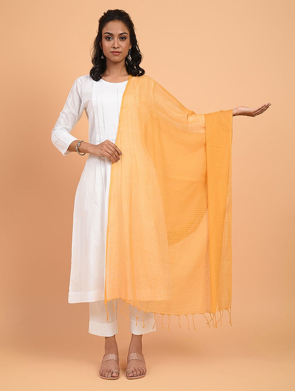 Women Orange Cotton Hand Woven Dupatta