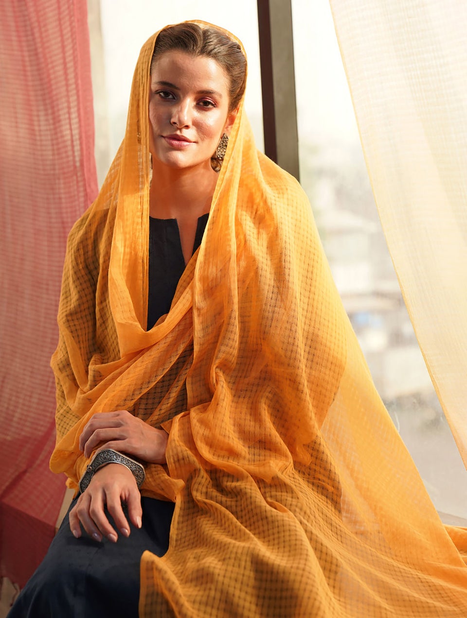 Women Orange Cotton Hand Woven Dupatta