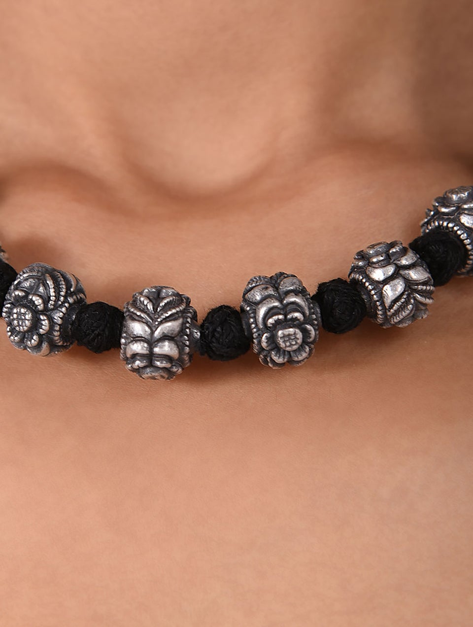 Women Black Tribal Silver Short Necklace