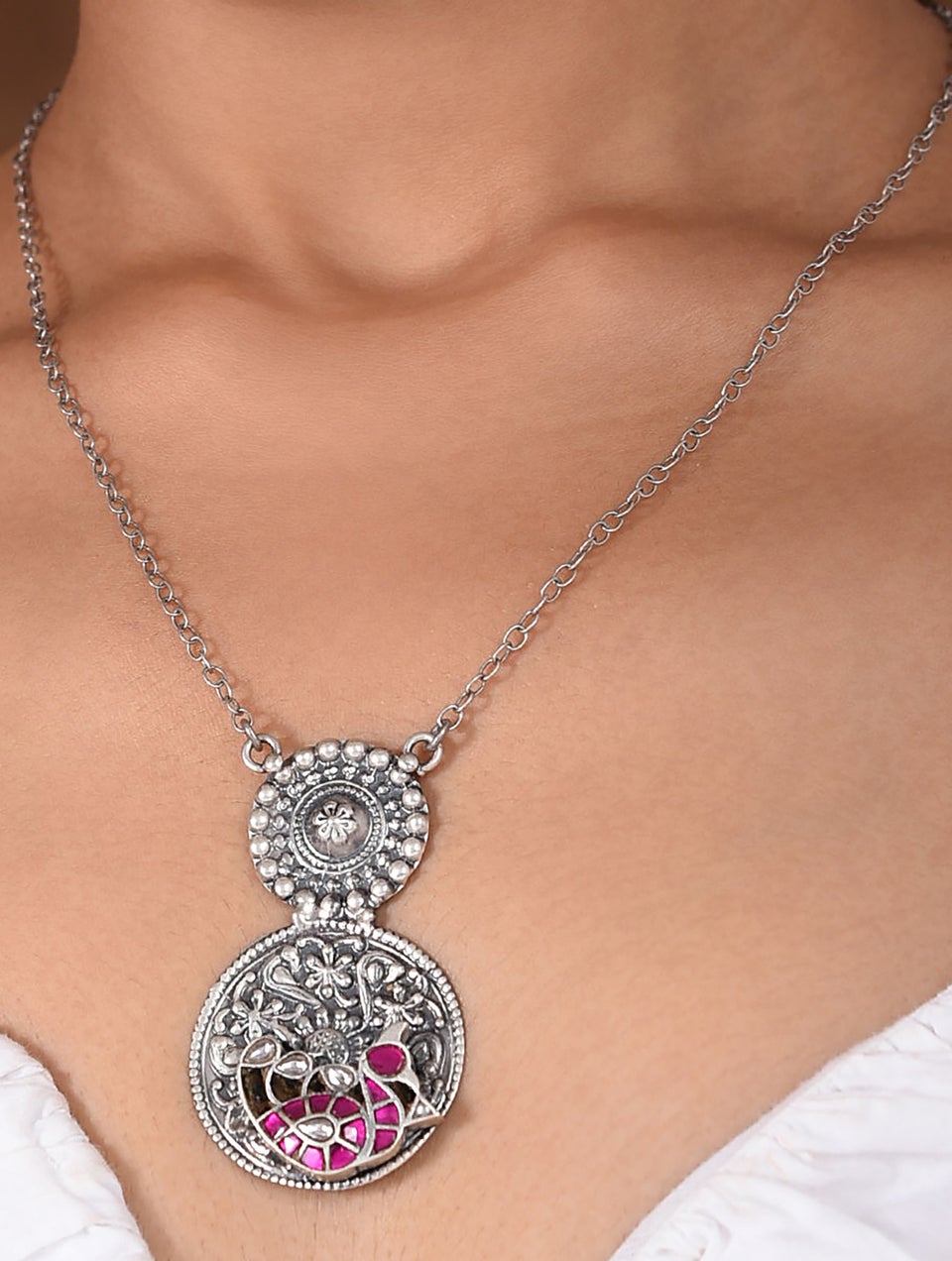 Women Pink Tribal Silver Kundan Necklace