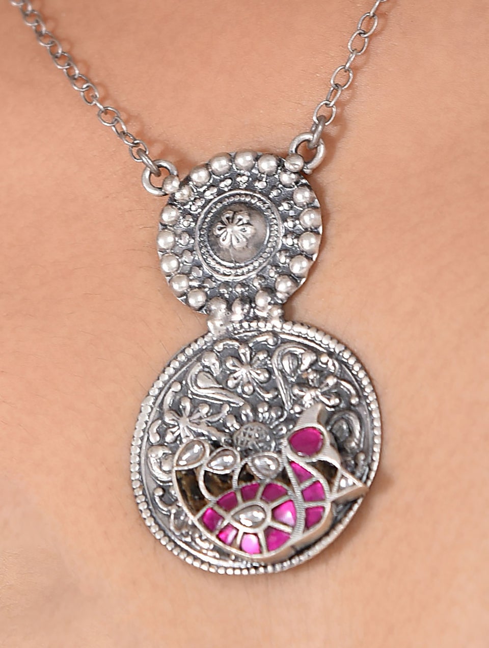 Women Pink Tribal Silver Kundan Necklace