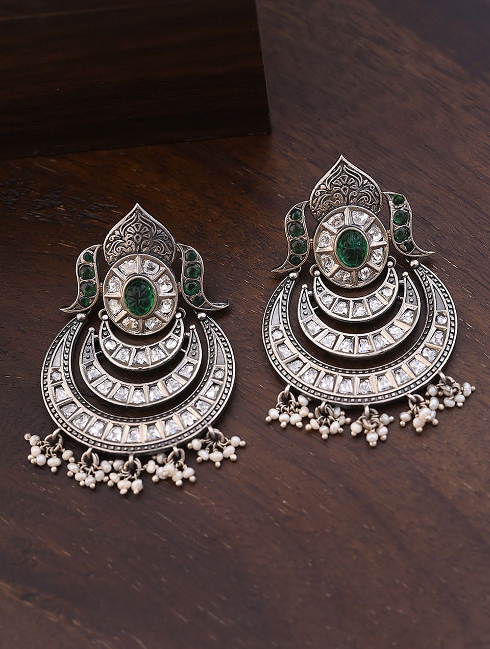 Women Green Kempstone Encrusted Tribal Silver Earrings