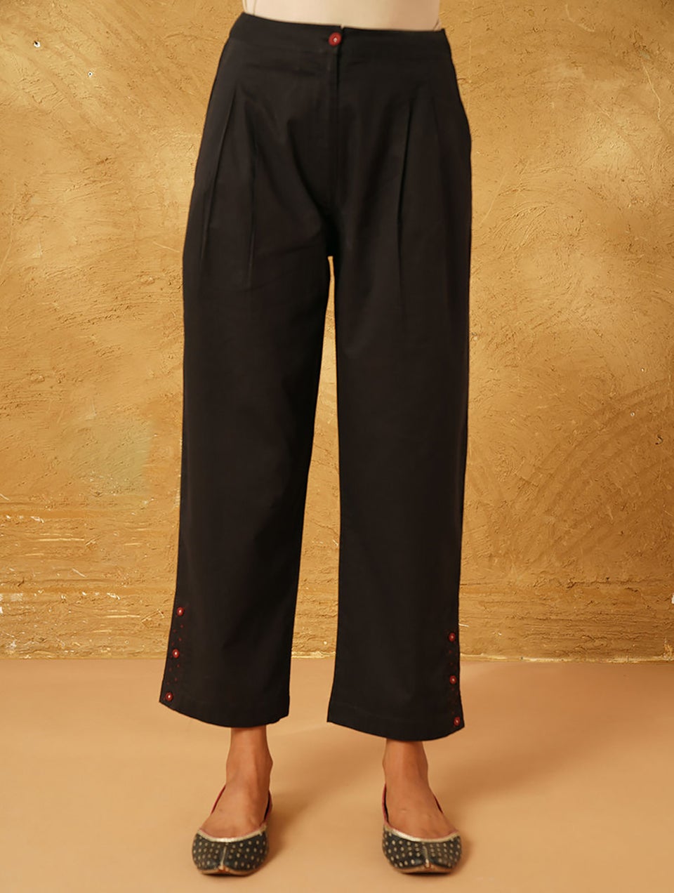 Black Natural Dyed Cotton Pants With Button Closure - XS