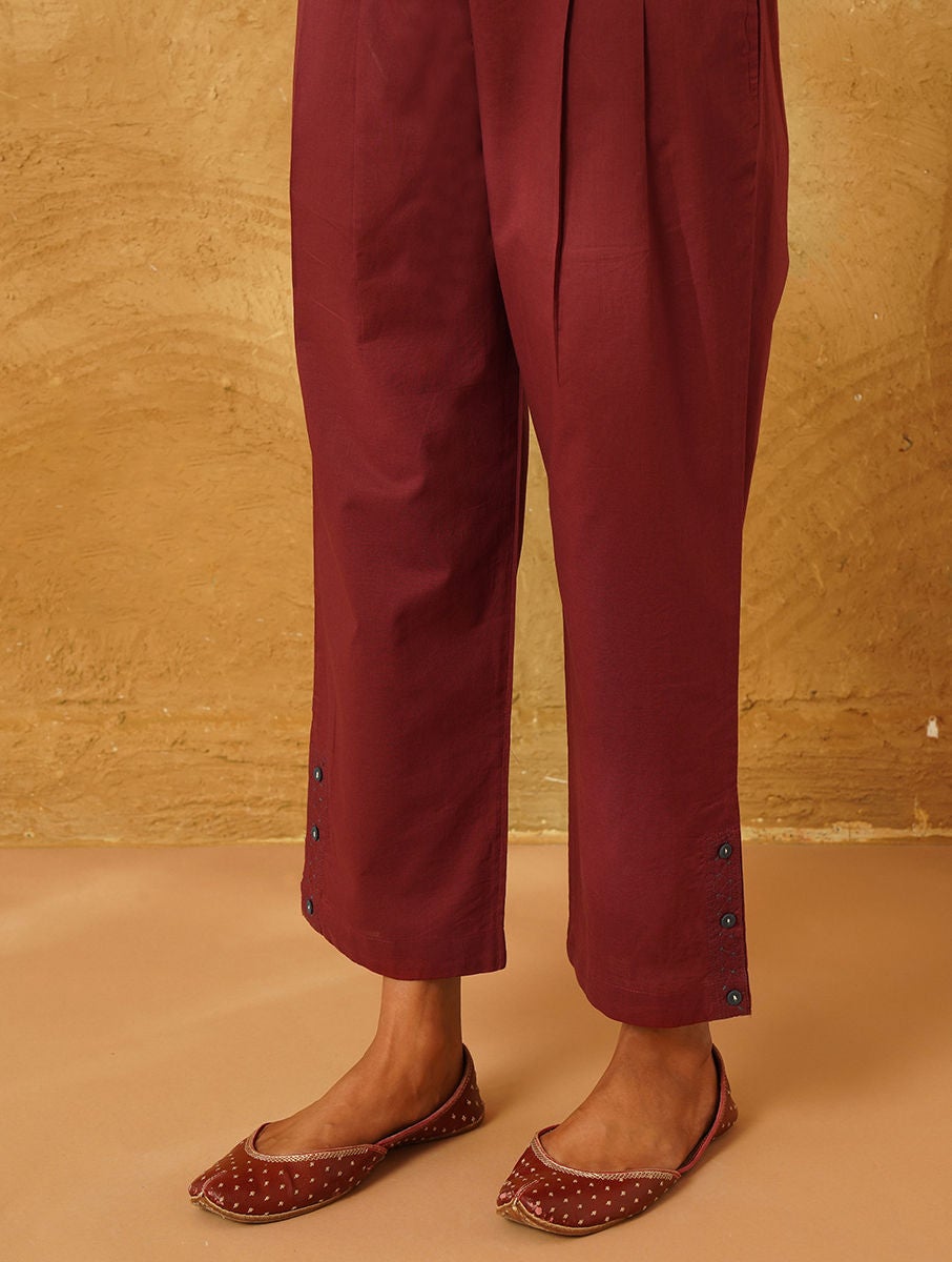 Maroon Natural Dyed Cotton Pants With Button Closure