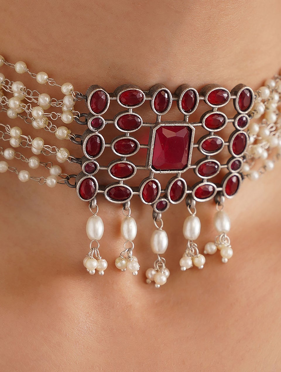 Women Red Silver Tone Tribal Choker Necklace With Earrings