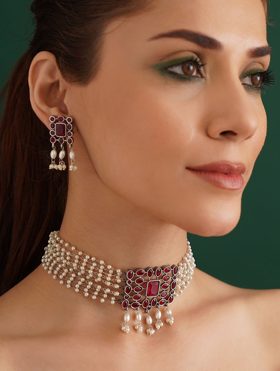 Women Red Silver Tone Tribal Choker Necklace With Earrings
