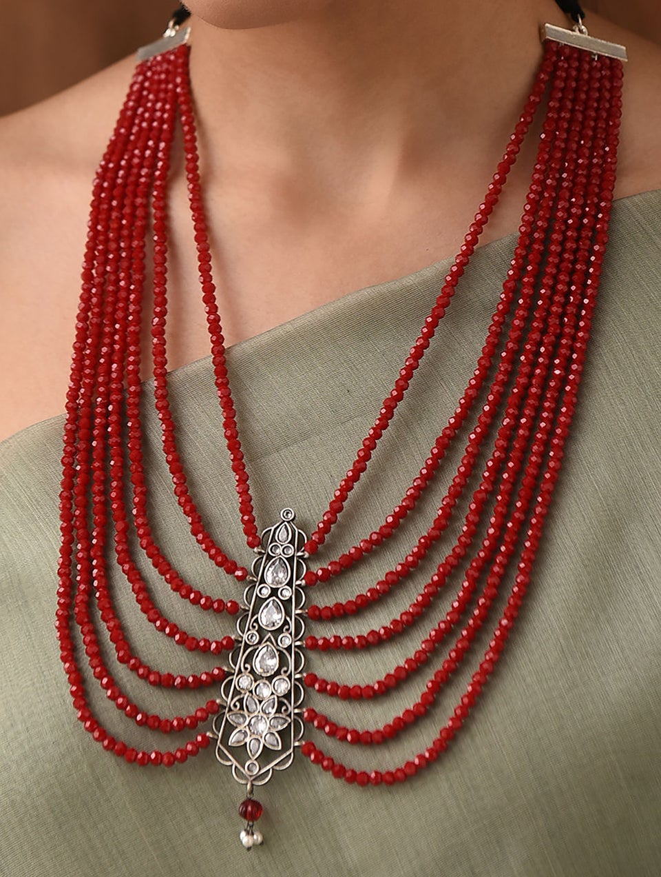 Women Red Silver Tone Tribal Necklace