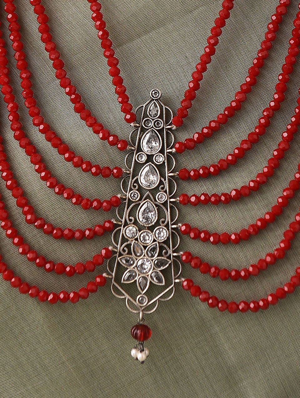 Women Red Silver Tone Tribal Necklace