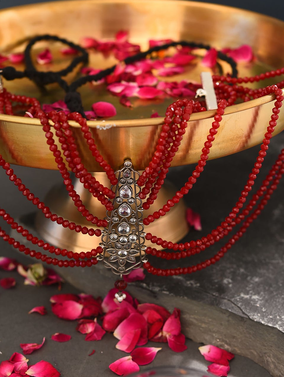 Women Red Silver Tone Tribal Necklace