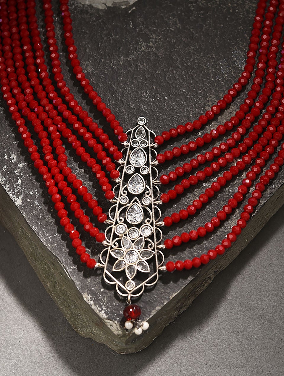Women Red Silver Tone Tribal Necklace