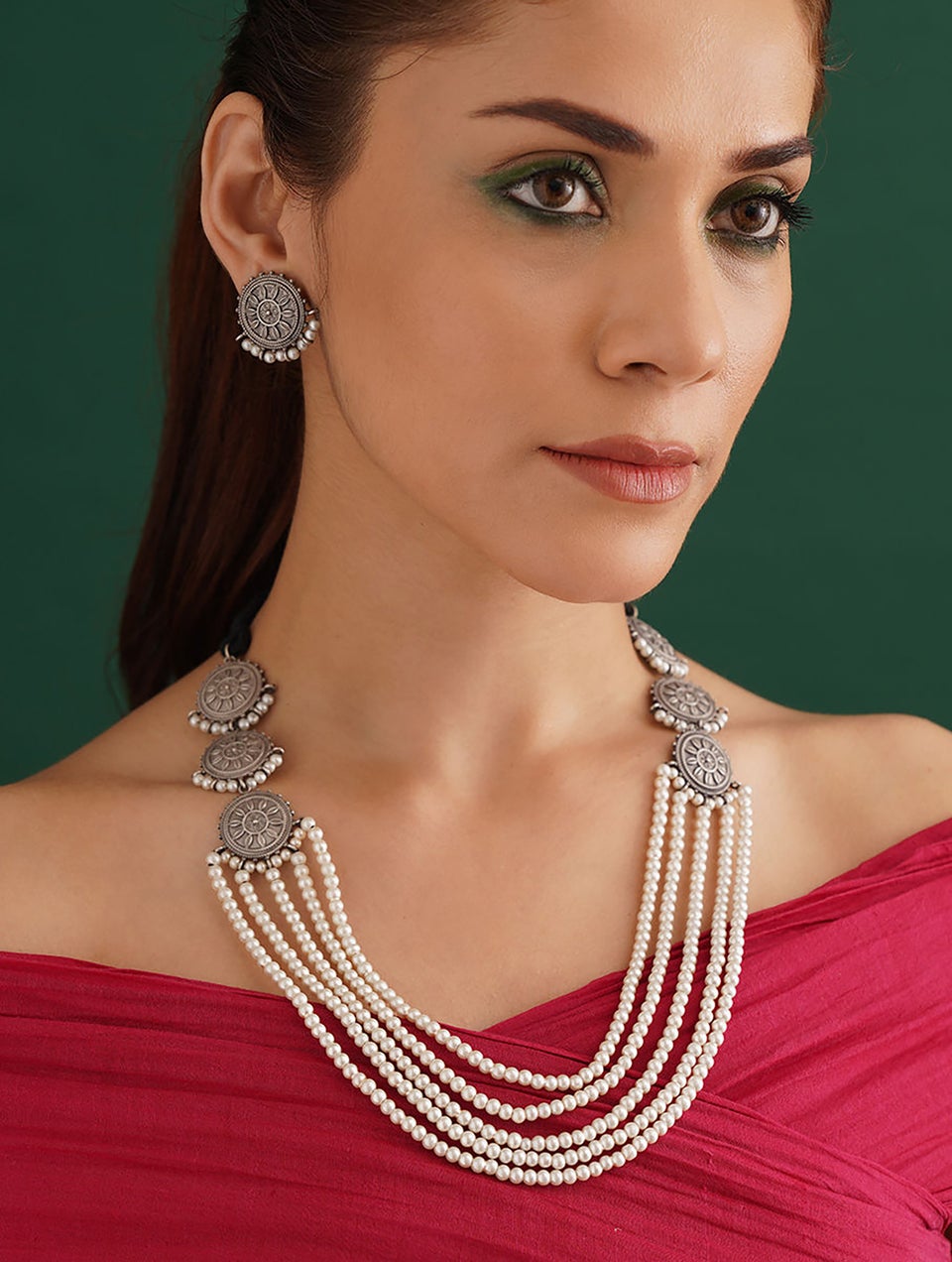 Women Silver Tone Tribal Necklace With Earring