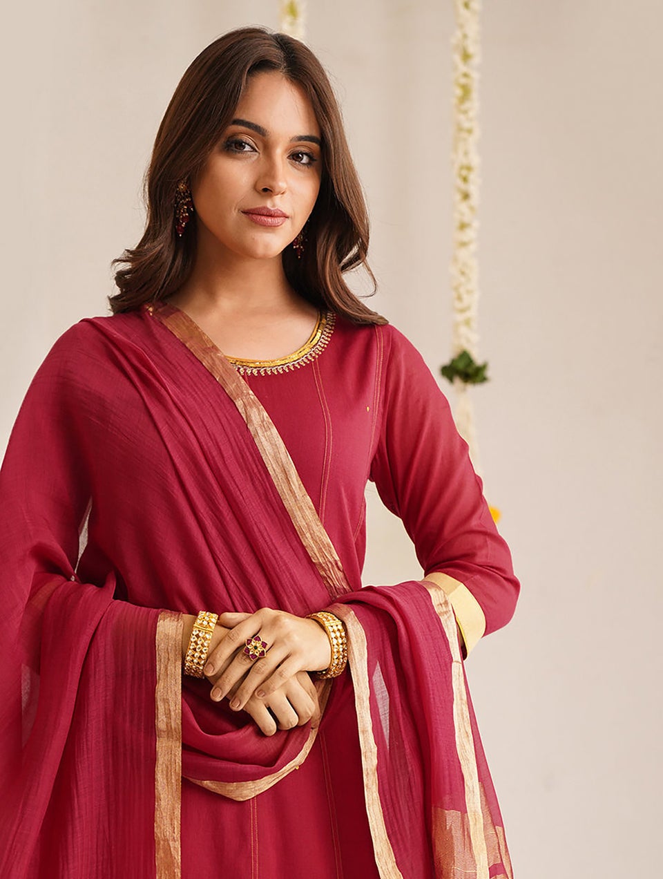 Women Red Silk Cotton Dupatta With Tassels
