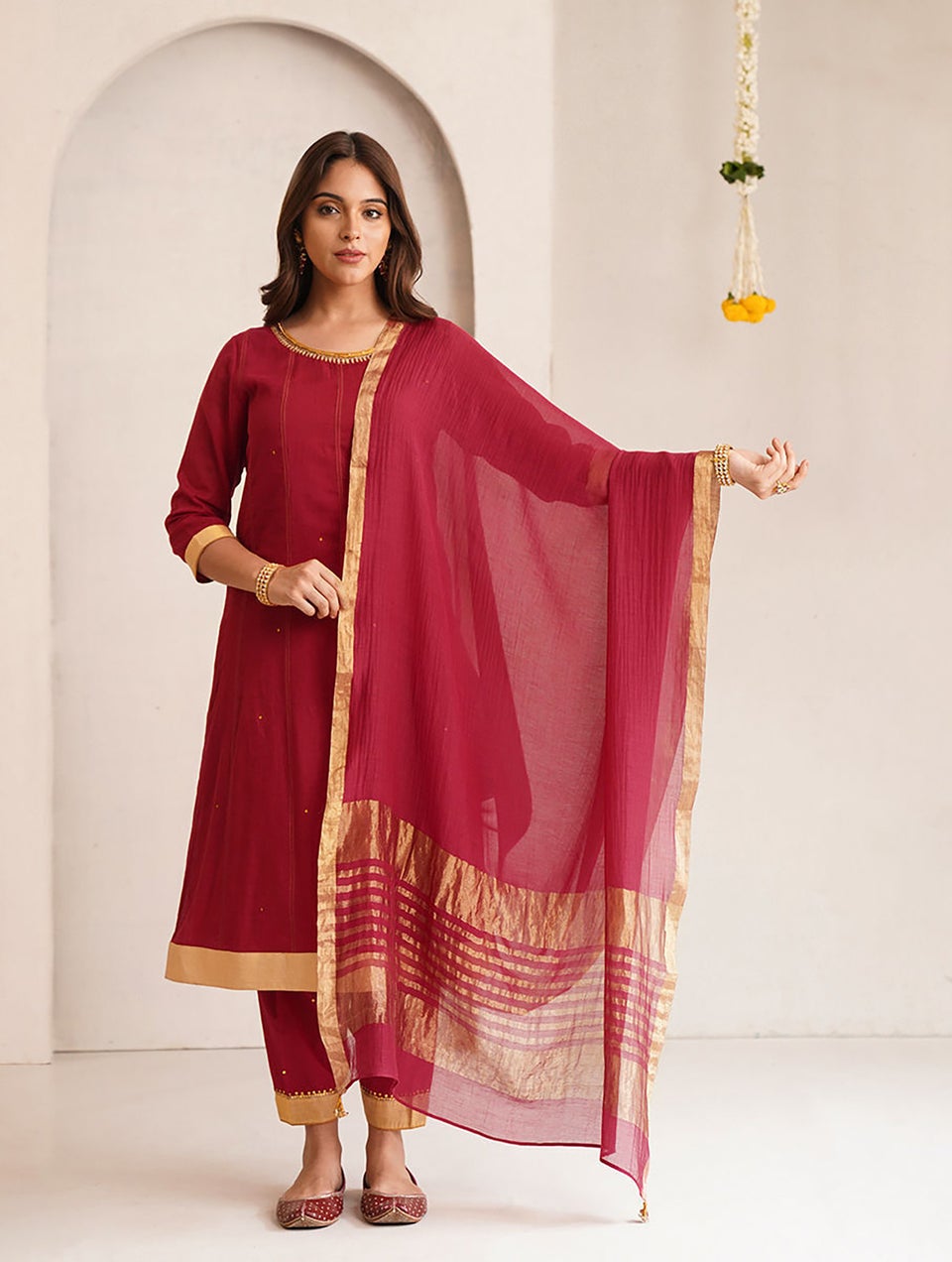 Women Red Silk Cotton Dupatta With Tassels