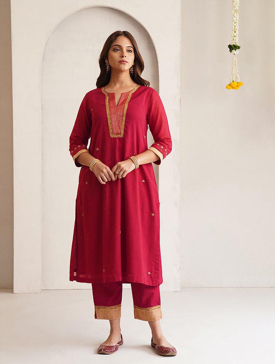 Women Red Cotton Hand Embroidery Round Neck Regular Fit Kurta - M