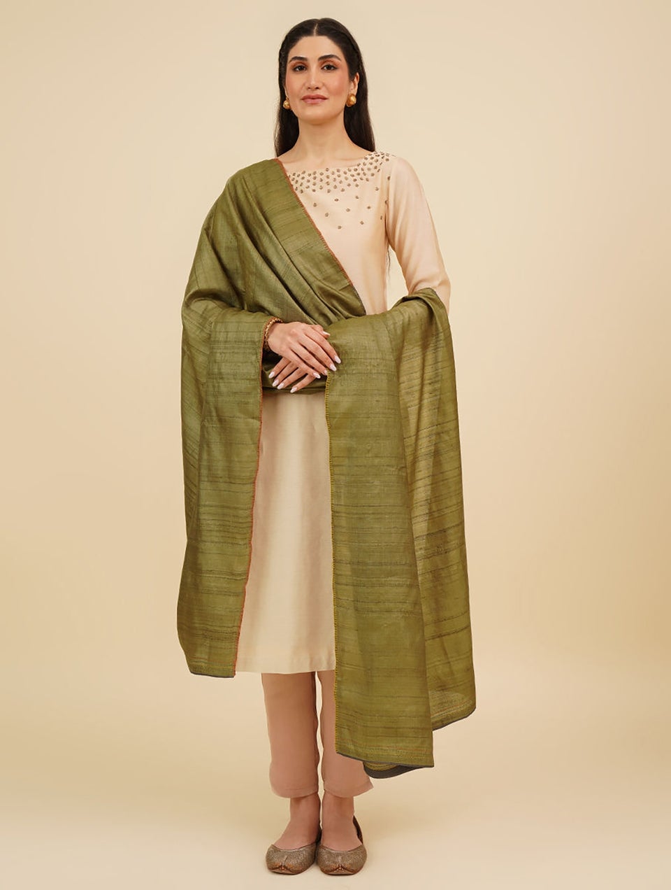 Women Olive Handwoven Tussar Silk Dupatta With Hand Embroidery