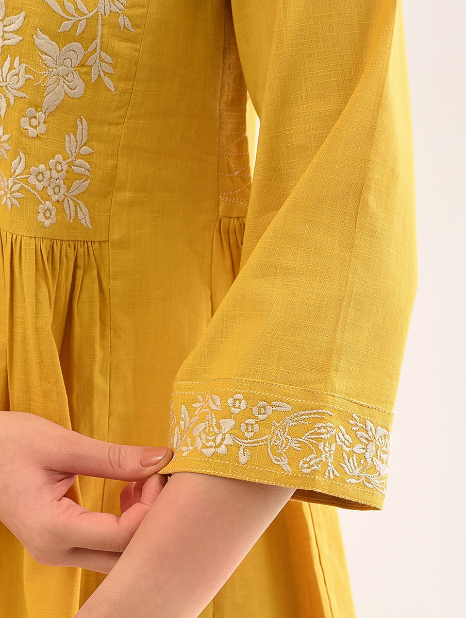 Women Mustard Yellow Cotton Embroidered Round Neck Regular Fit Tunic - S