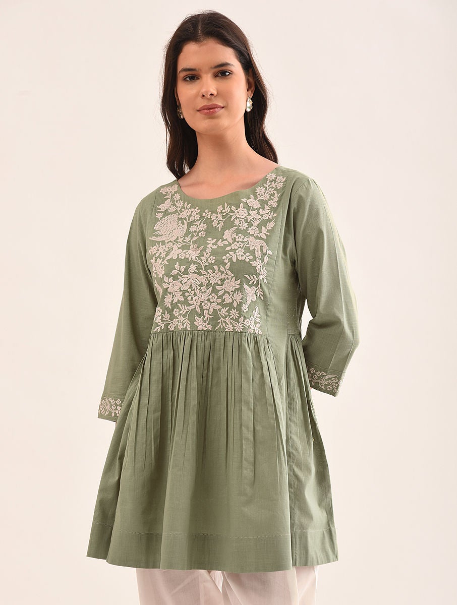Women Green Embroidered Cotton Tunic