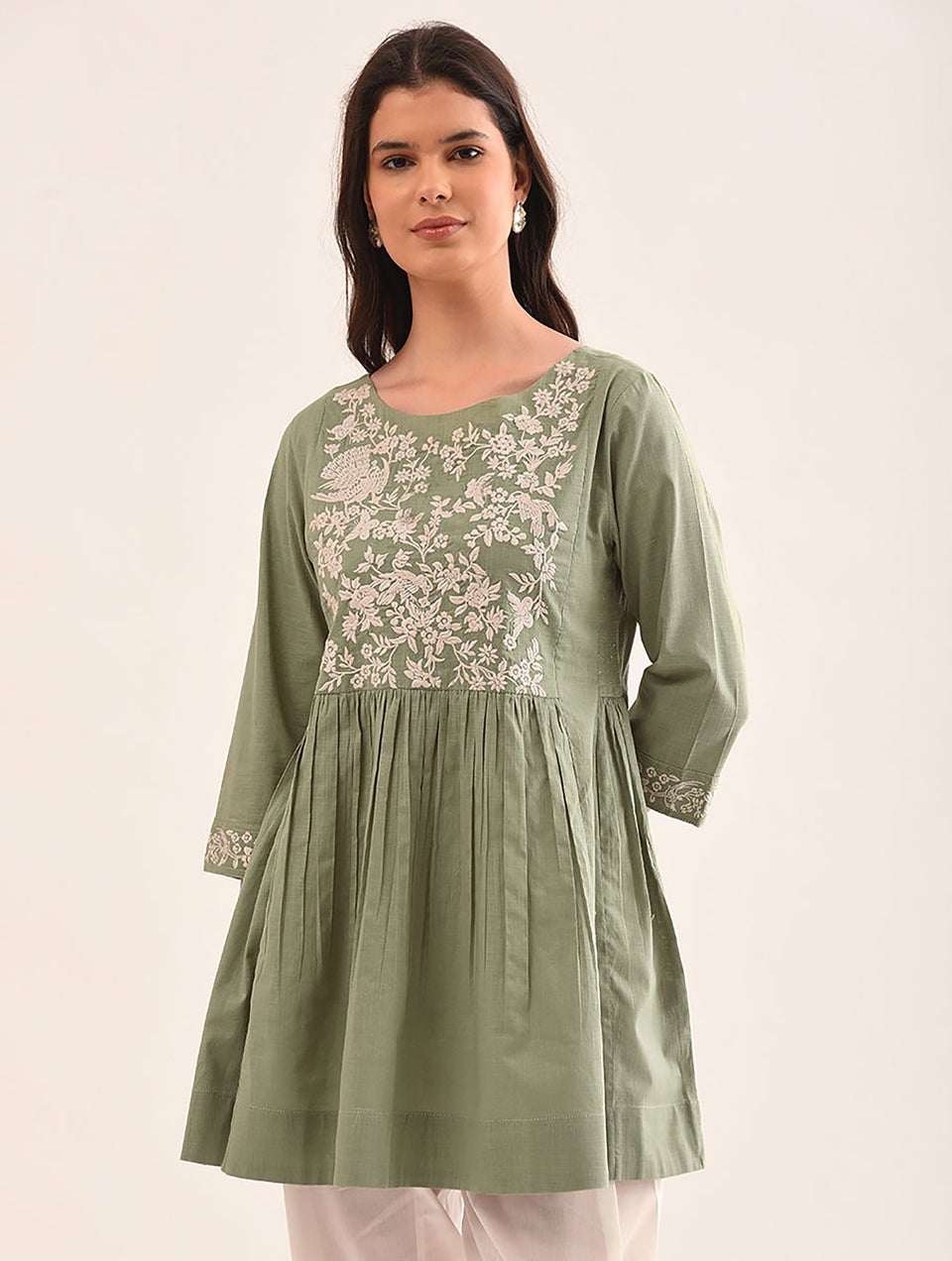 Women Green Cotton Embroidered Round Neck Regular Fit Tunic - XS