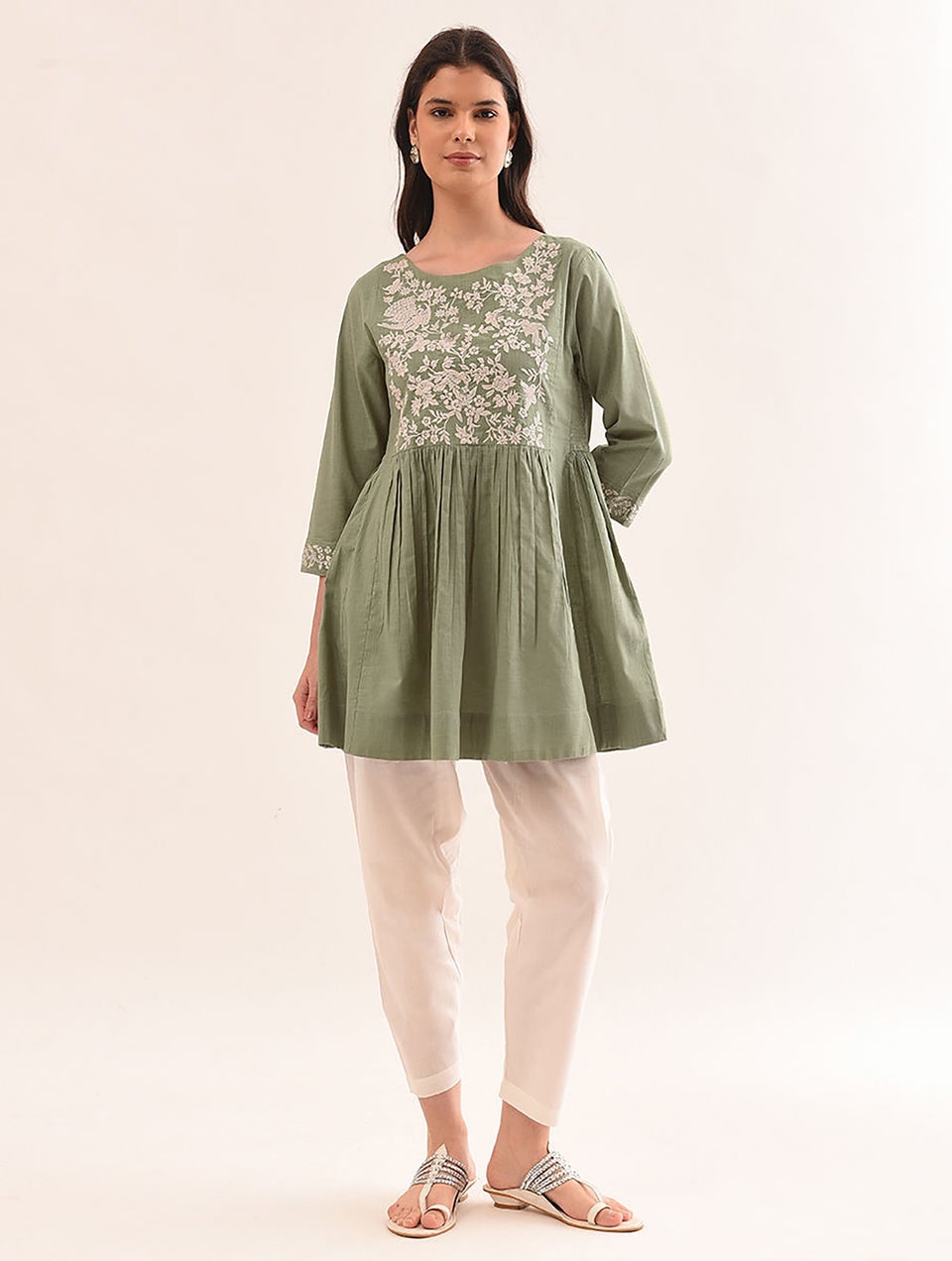 Women Green Cotton Embroidered Round Neck Regular Fit Tunic - XS