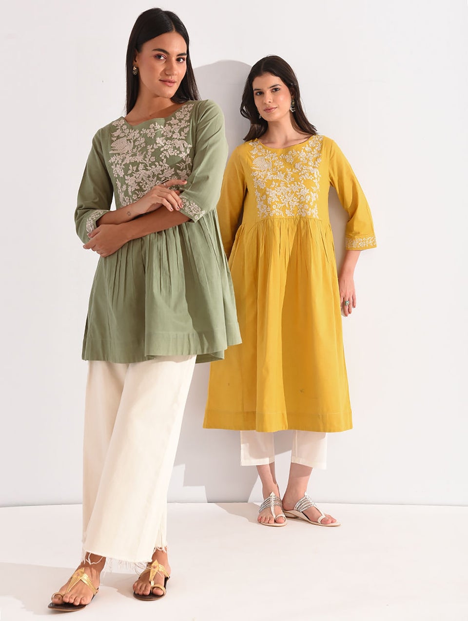 Women Green Cotton Embroidered Round Neck Regular Fit Tunic - XS