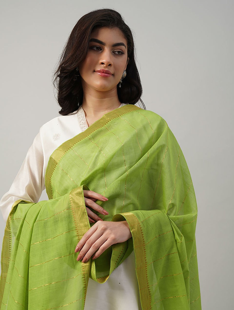 Women Green Cotton Hand Woven Dupatta