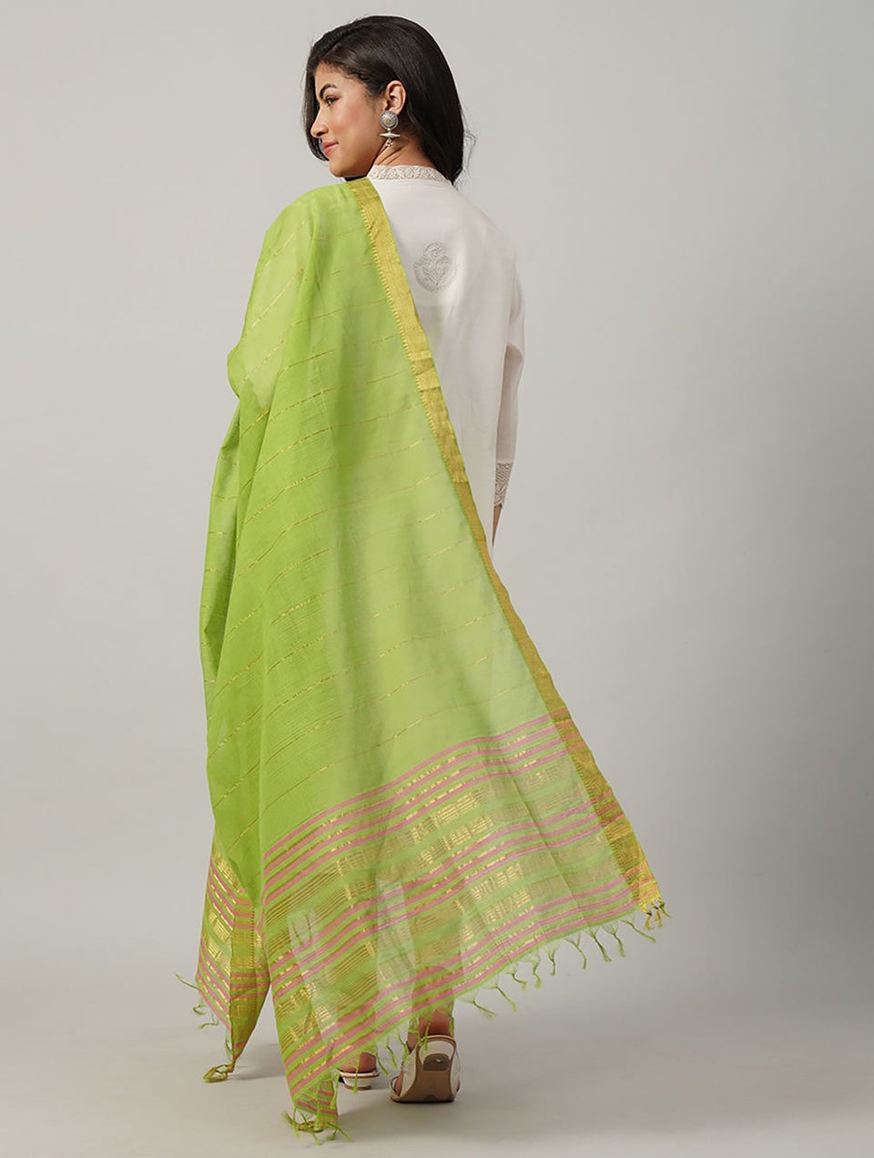 Women Green Cotton Hand Woven Dupatta