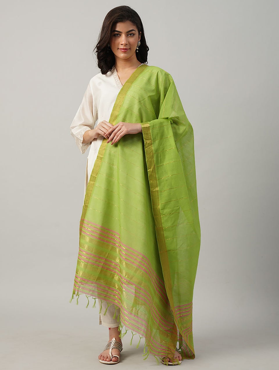 Women Green Cotton Hand Woven Dupatta