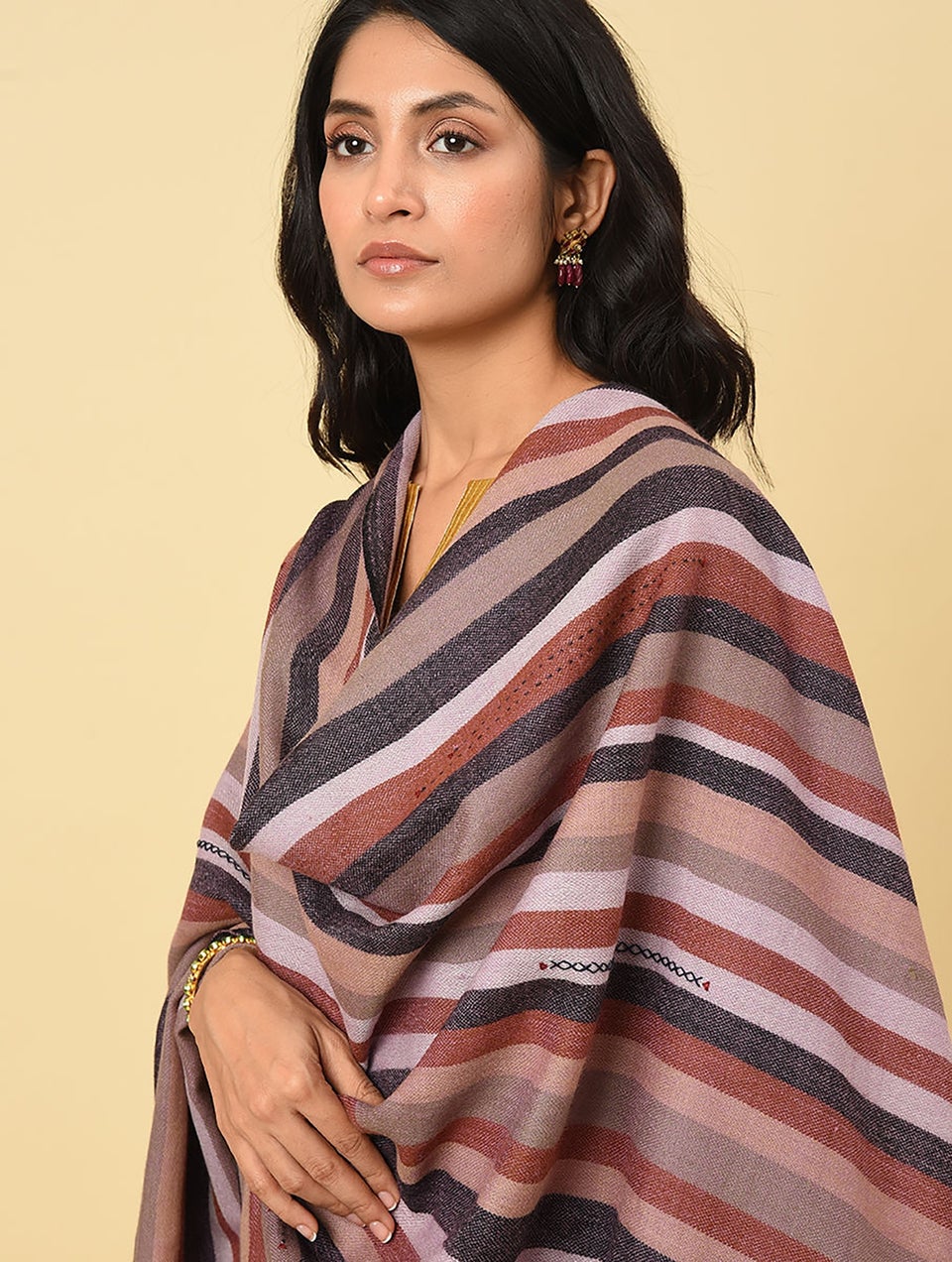Women Multicolour Handwoven Wool Shawl With Hand Embroidery
