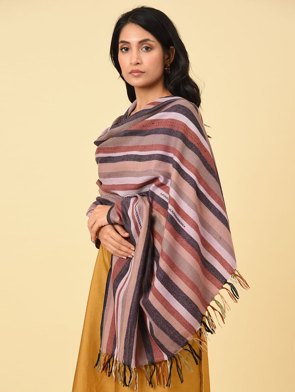 Women Multicolour Handwoven Wool Shawl With Hand Embroidery