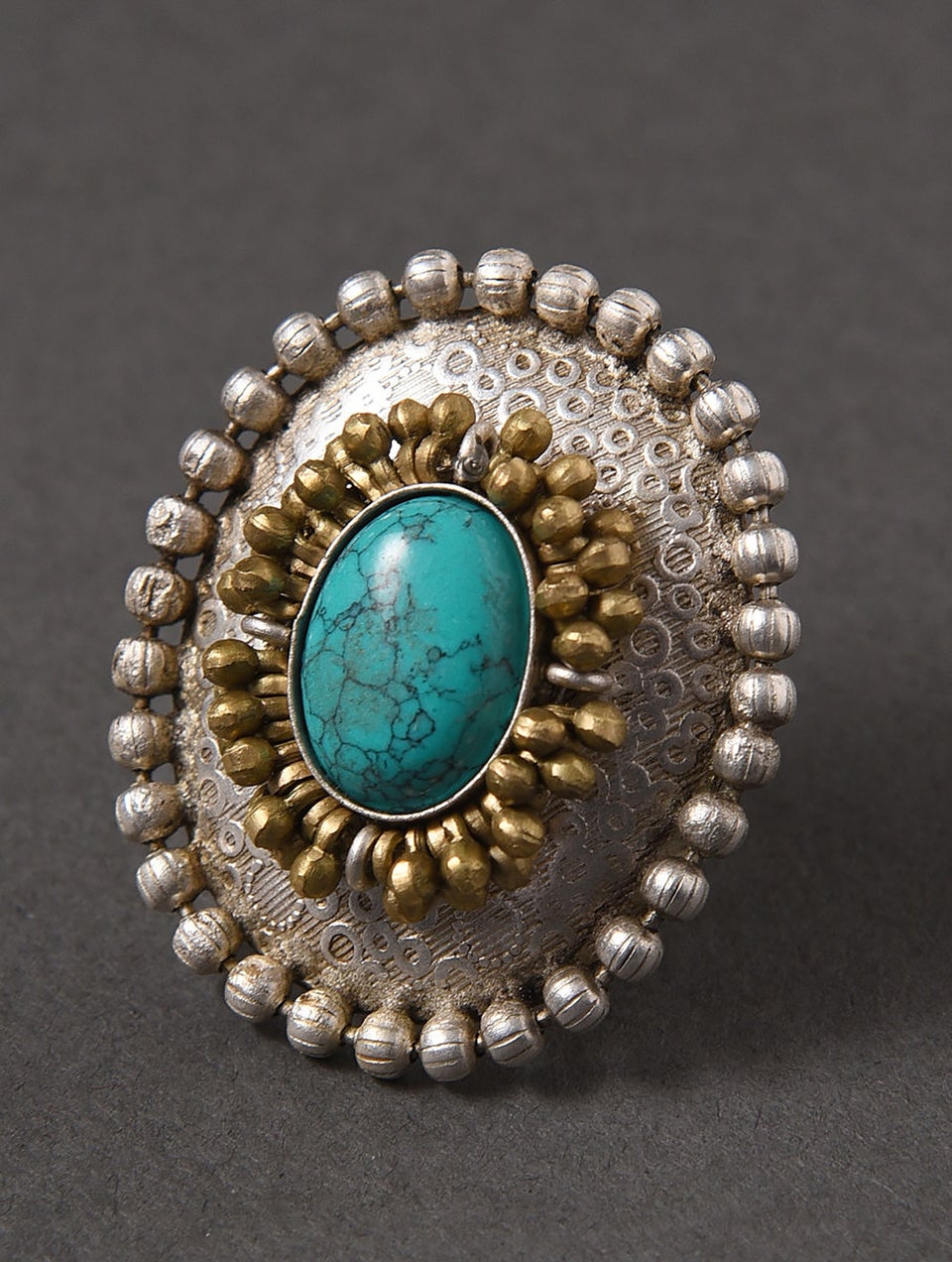 Women Dual Tone Tribal Ring With Turquoise