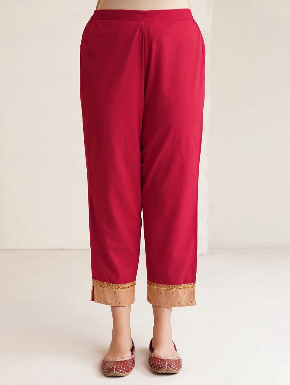 Women Red Hand Embroidered Elasticated Waist Cotton Pants - XS