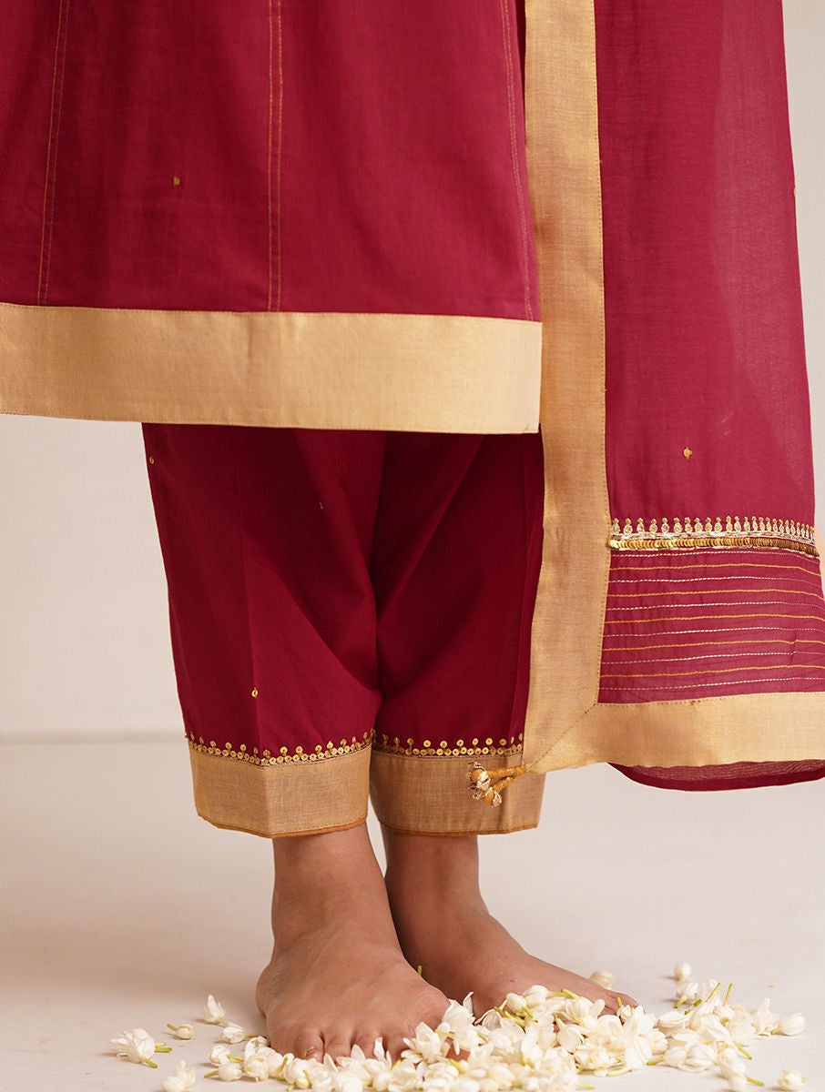 Women Red Hand Embroidered Elasticated Waist Cotton Salwar