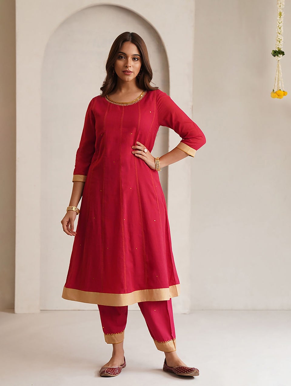 Women Red Hand Embroidered Elasticated Waist Cotton Salwar - XS